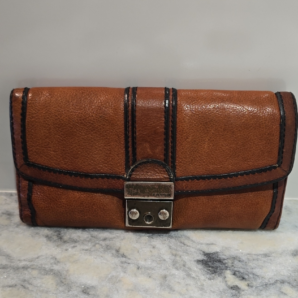 Fossil Brown Leather Long Wallet with Metal Clasp